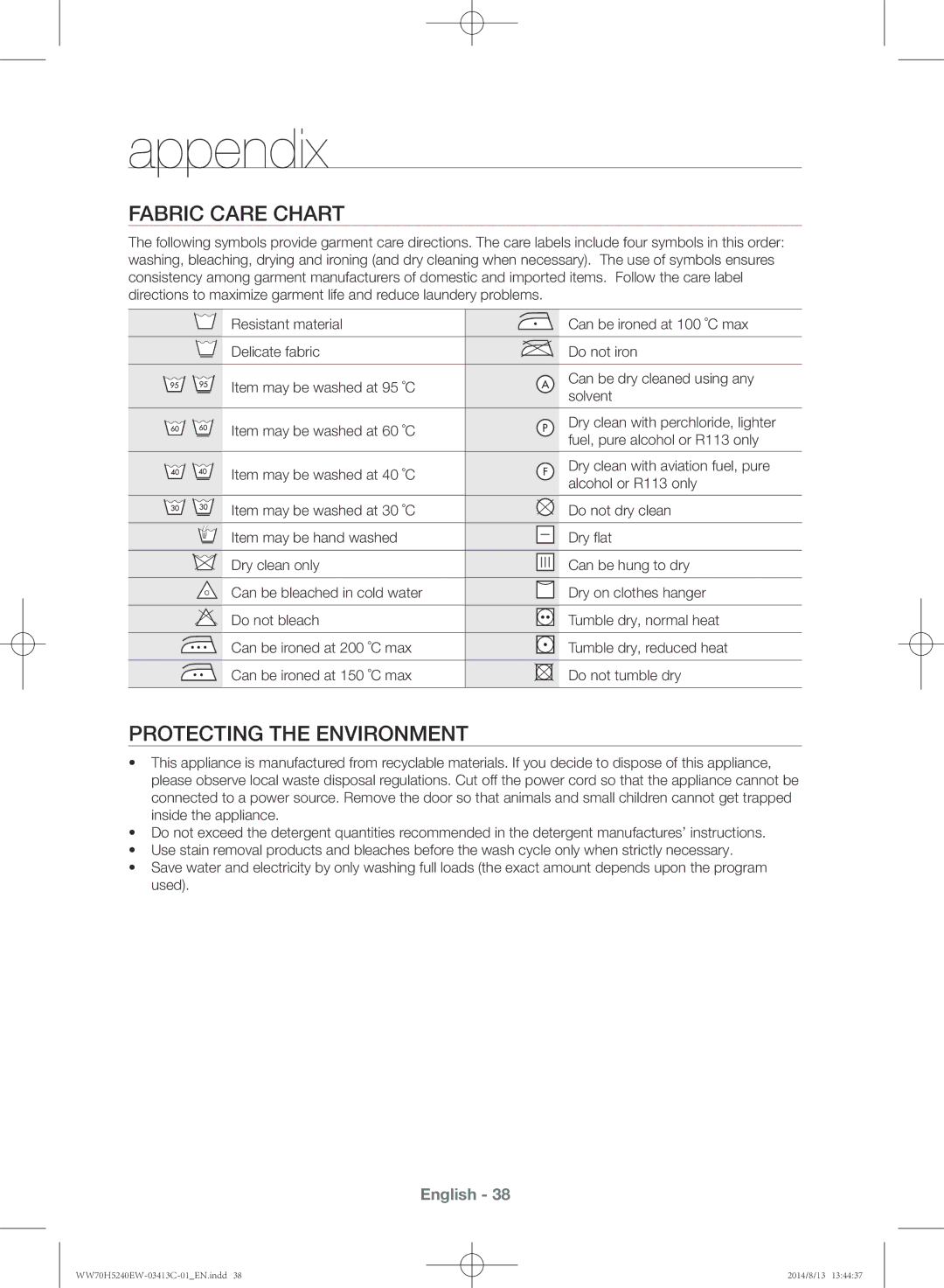 Samsung WW70H5240EW/YL manual Appendix, Fabric care chart, Protecting the environment 