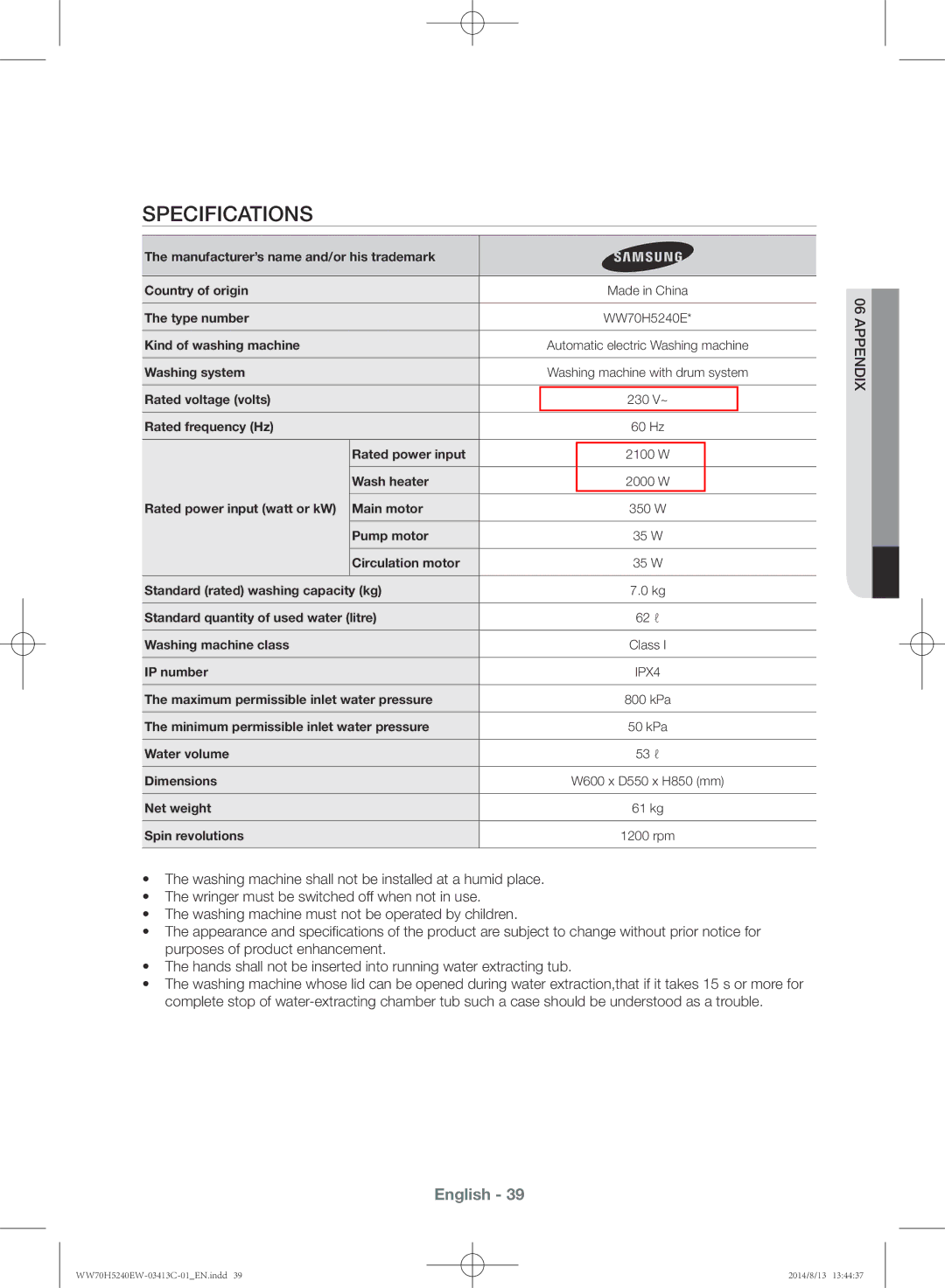 Samsung WW70H5240EW/YL manual Specifications, Appendix 