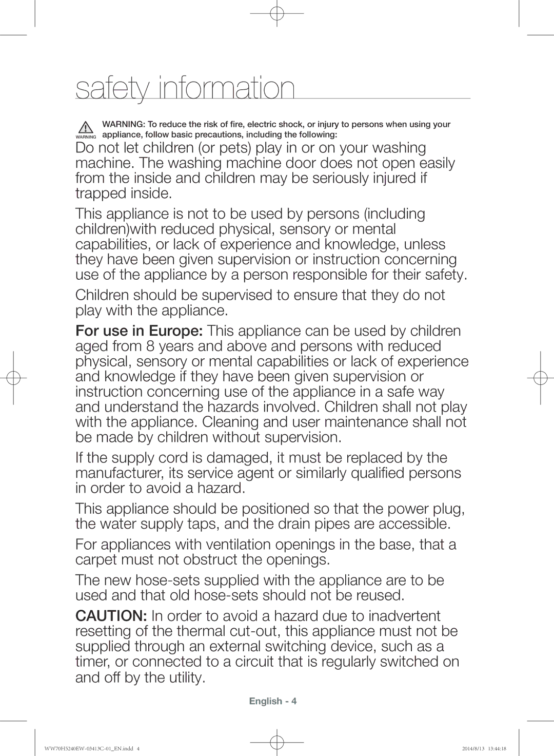 Samsung WW70H5240EW/YL manual Safety information 