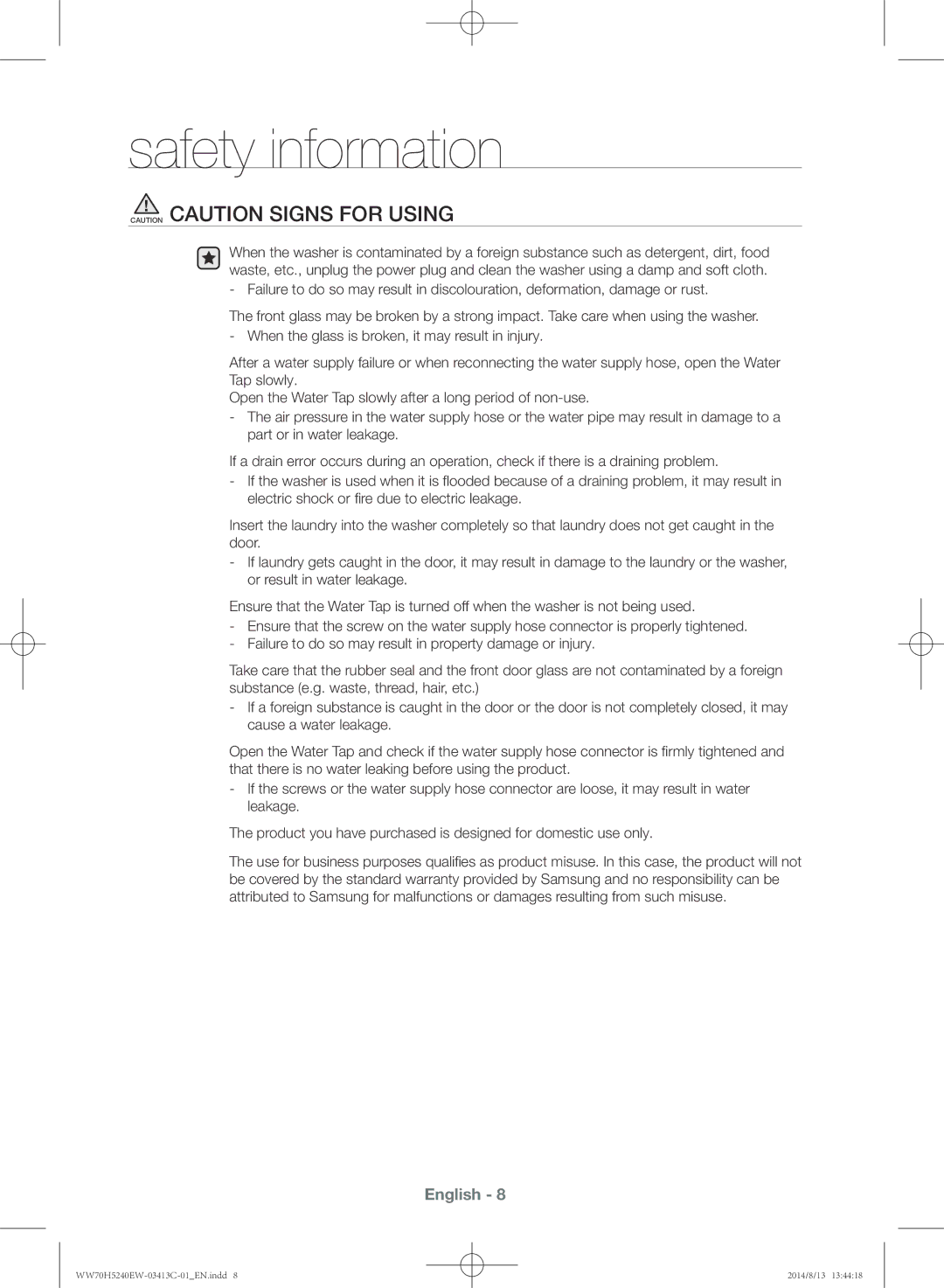 Samsung WW70H5240EW/YL manual Safety information 