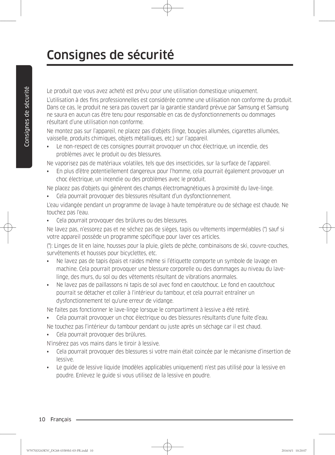 Samsung WW70J3263KW/CD manual Consignes de sécurité 