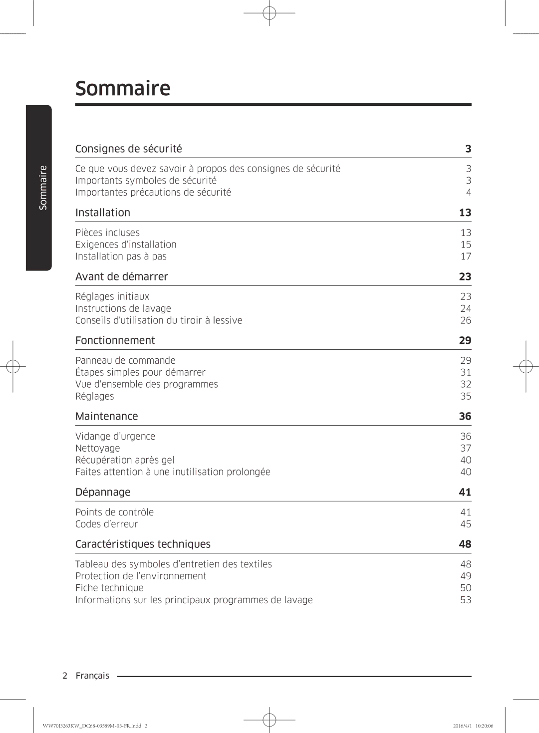 Samsung WW70J3263KW/CD manual Sommaire, Consignes de sécurité 