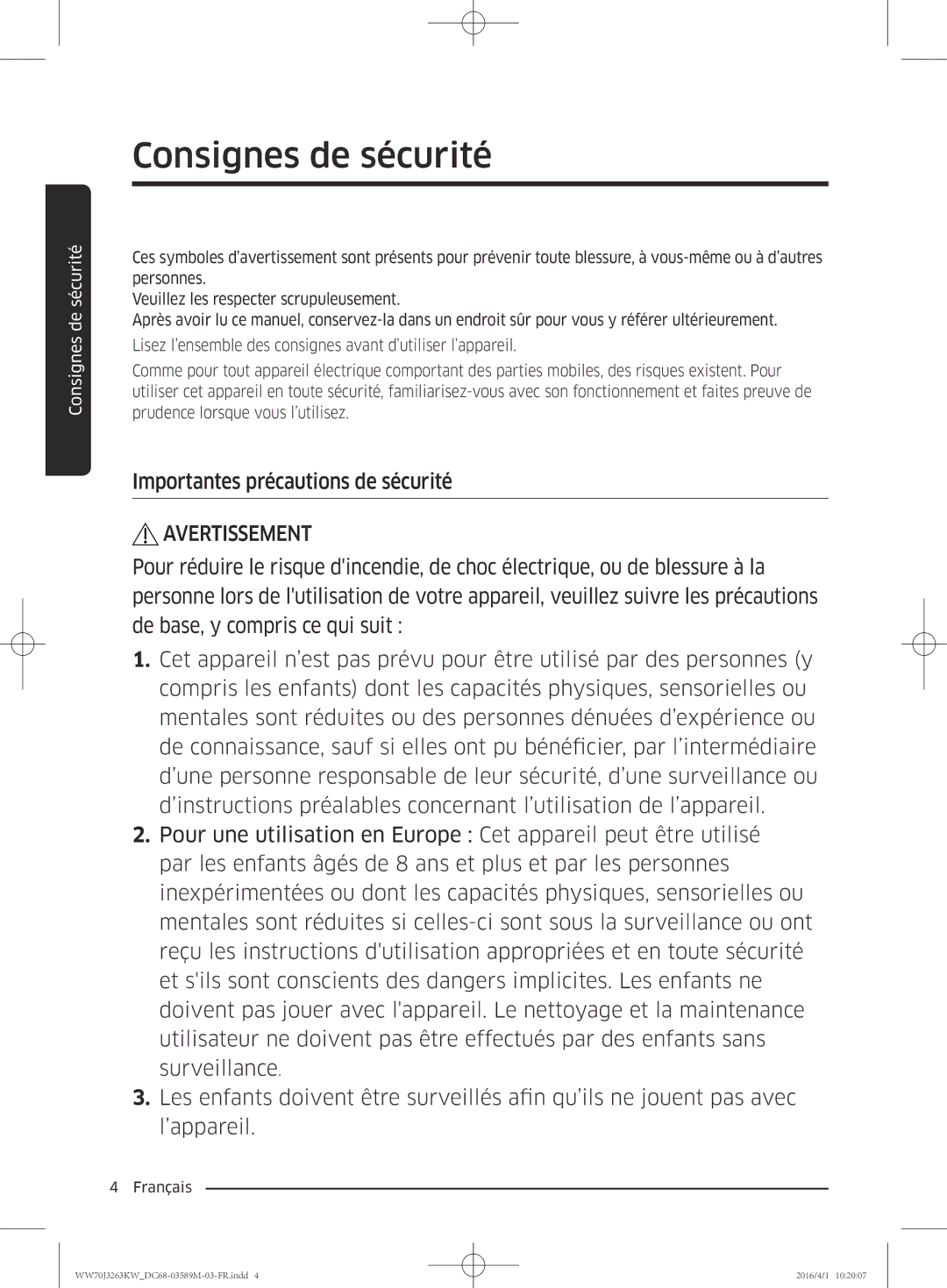 Samsung WW70J3263KW/CD manual Importantes précautions de sécurité, Avertissement 