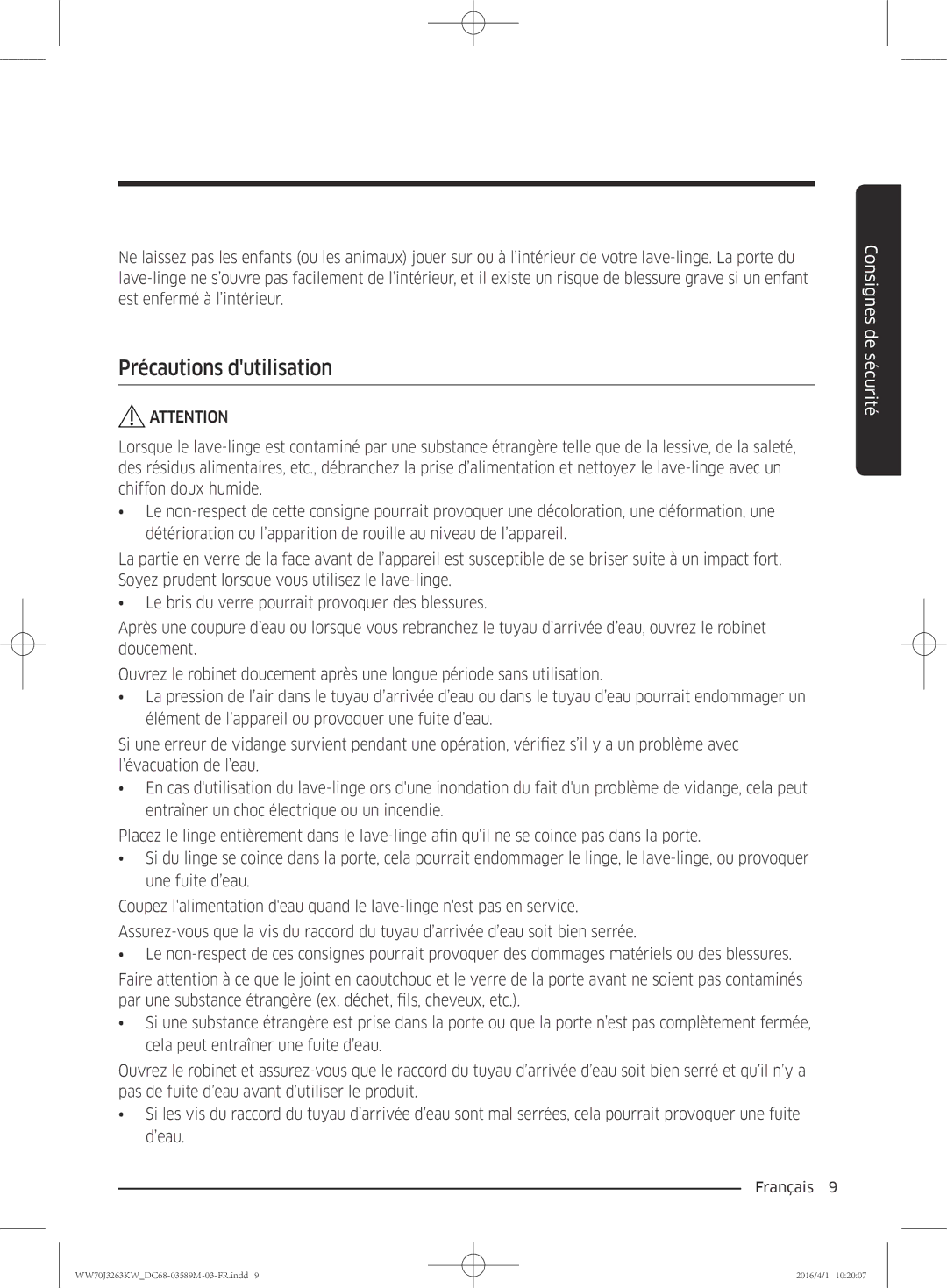 Samsung WW70J3263KW/CD manual Précautions dutilisation 