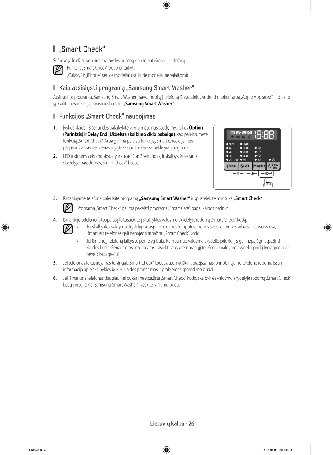 Samsung WF70F5E0W4W/WS manual Kaip atsisiųsti programą „Samsung Smart Washer, Funkcijos „Smart Check naudojimas 