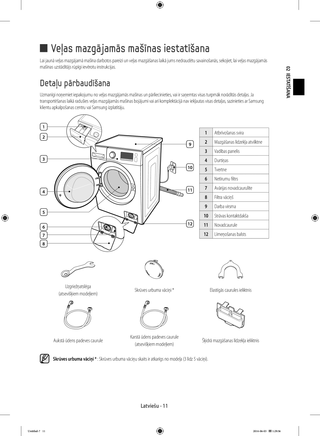 Samsung WW70J3283KW1LE, WF60F4E0N2W/LE, WW60J3283LW/EG manual Veļas mazgājamās mašīnas iestatīšana, Detaļu pārbaudīšana 