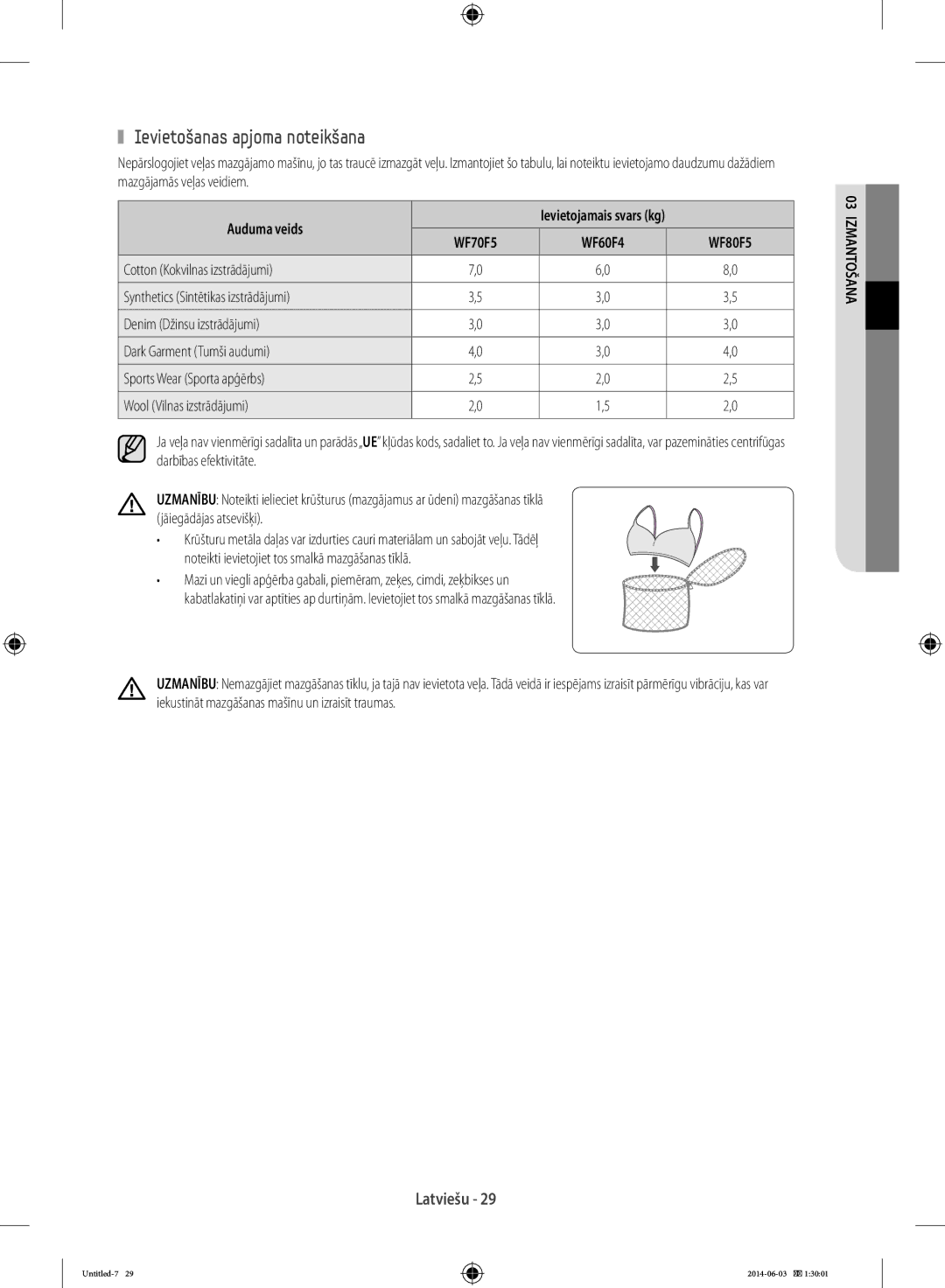 Samsung WF70F5E0N2W/LE, WW70J3283KW1LE, WF60F4E0N2W/LE, WW60J3283LW/EG manual Ievietošanas apjoma noteikšana, Auduma veids 