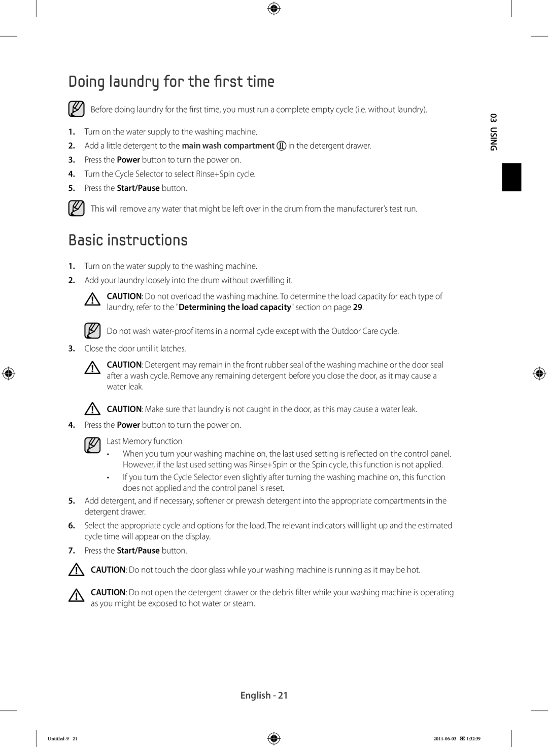 Samsung WF70F5E0W4W/AD, WW70J3283KW1LE, WF60F4E0N2W/LE, WW60J3283LW/EG Doing laundry for the first time, Basic instructions 