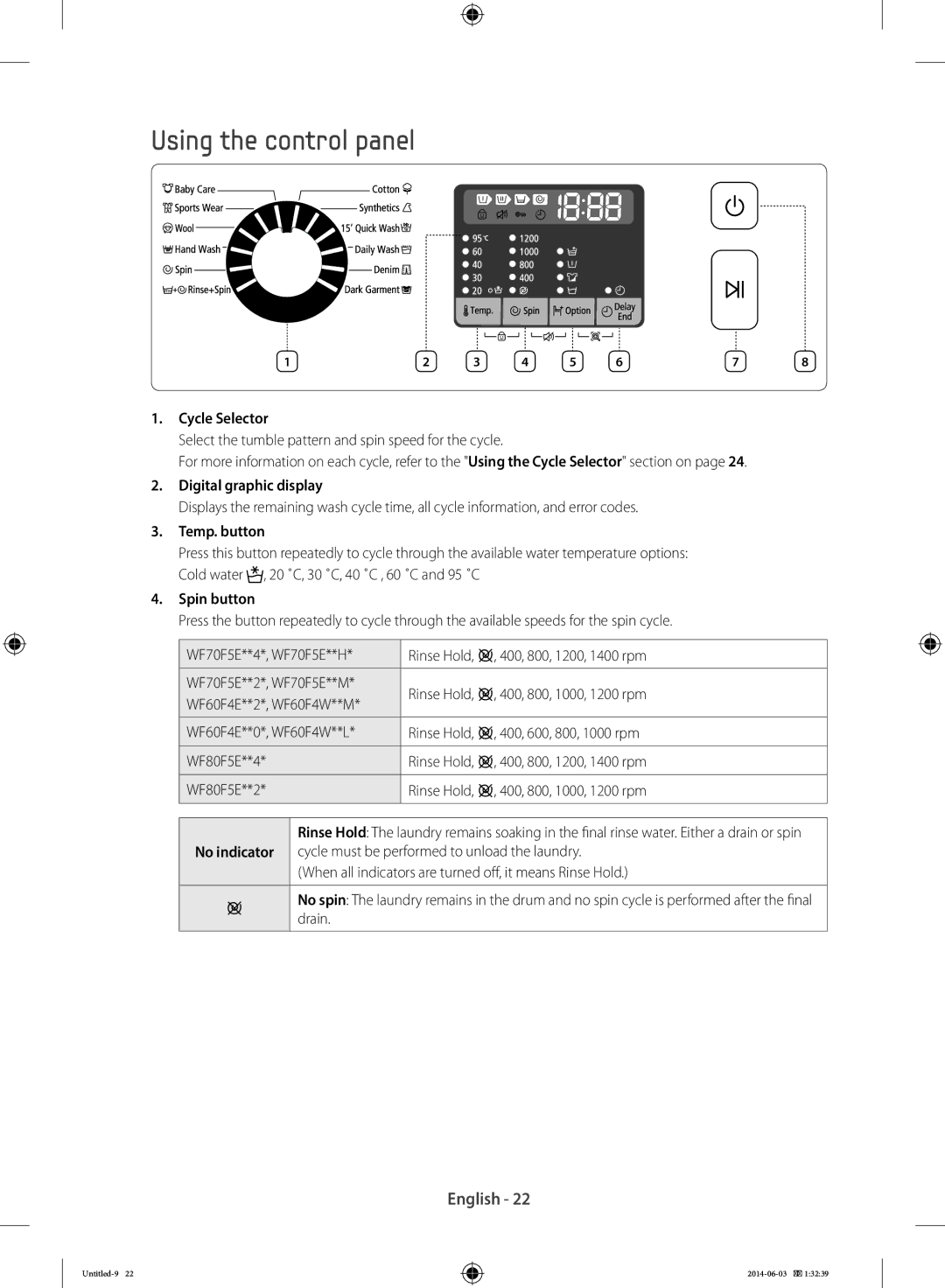 Samsung WW60J3083LW/LE, WW70J3283KW1LE, WF60F4E0N2W/LE, WW60J3283LW/EG, WF70F5E0W4W/EF, WW60J3283LW/LE Using the control panel 