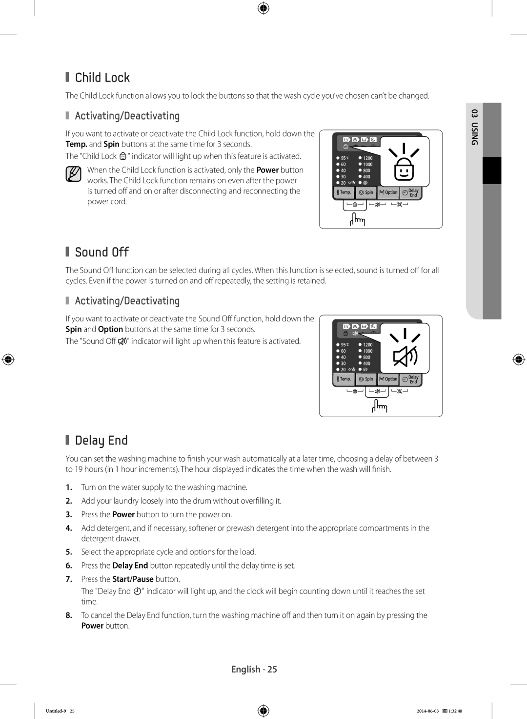 Samsung WW60J3280LW/LE, WW70J3283KW1LE, WF60F4E0N2W/LE manual Child Lock, Sound Off, Delay End, Activating/Deactivating 