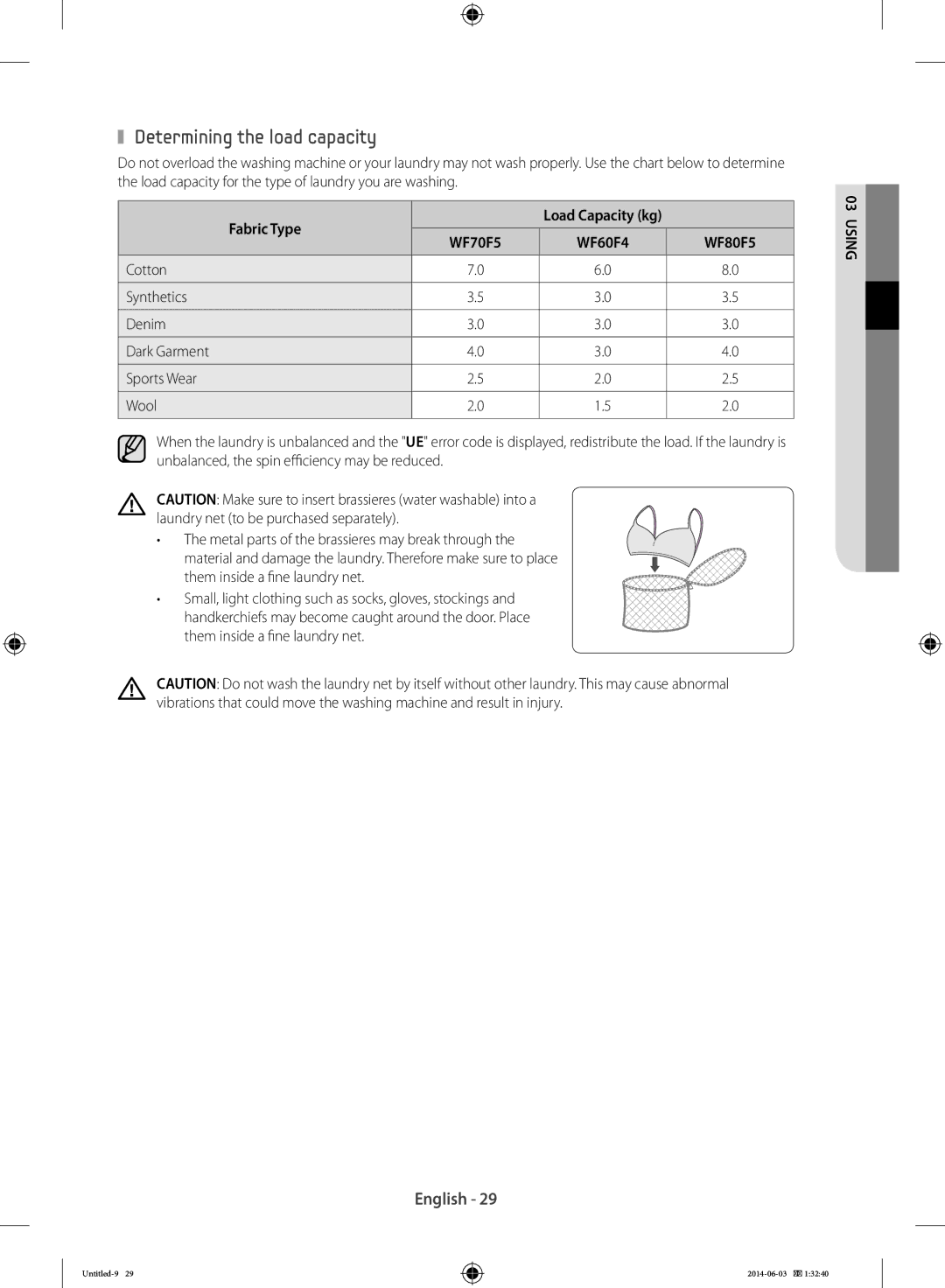 Samsung WF70F5E0W4W/EF, WW70J3283KW1LE, WF60F4E0N2W/LE, WW60J3283LW/EG manual Determining the load capacity, Fabric Type 