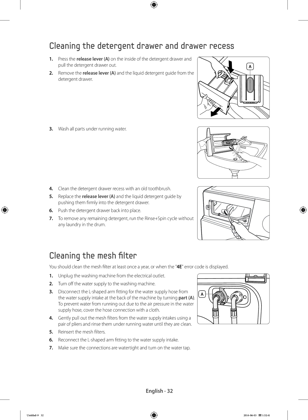 Samsung WF80F5E0N2W/LE, WW70J3283KW1LE manual Cleaning the detergent drawer and drawer recess, Cleaning the mesh filter 