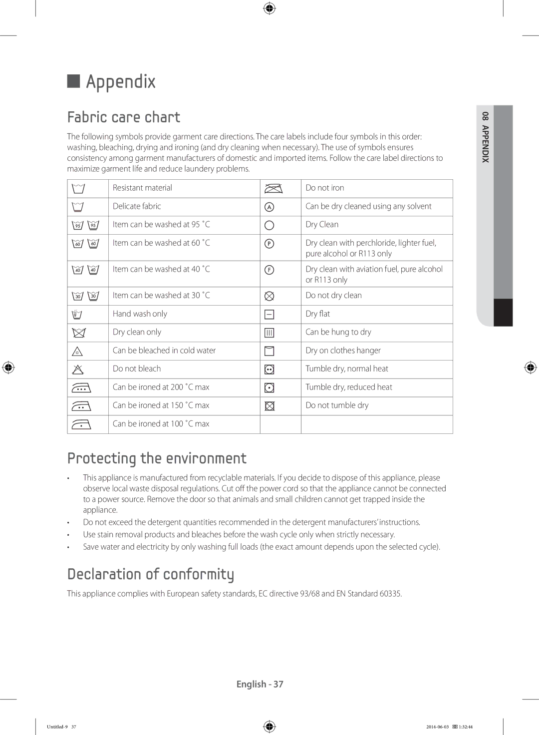 Samsung WW60J3080LW1LE, WW70J3283KW1LE Appendix, Fabric care chart, Protecting the environment, Declaration of conformity 