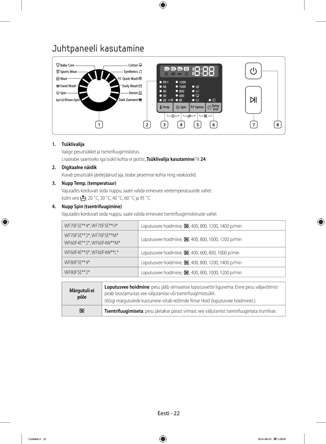 Samsung WF60F4E0N2W/LE, WW70J3283KW1LE, WW60J3283LW/EG, WF70F5E0W4W/EF, WW60J3283LW/LE, WF70F5E0N2W/LE Juhtpaneeli kasutamine 