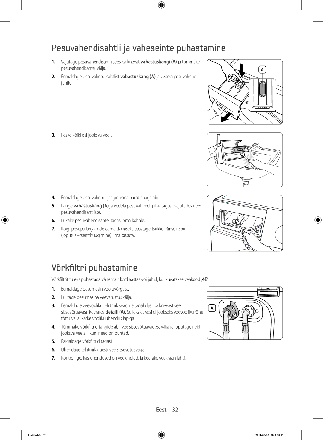 Samsung WW60J3080LW1LE manual Pesuvahendisahtli ja vaheseinte puhastamine, Võrkfiltri puhastamine, Pesuvahendisahtel välja 