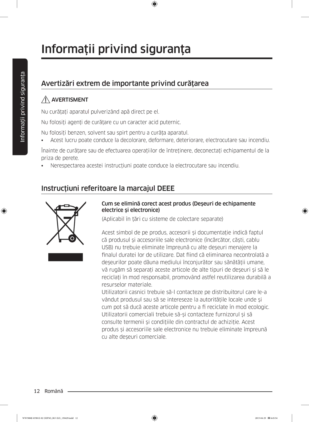 Samsung WW60J3283LW/LE manual Avertizări extrem de importante privind curăţarea, Instrucţiuni referitoare la marcajul Deee 