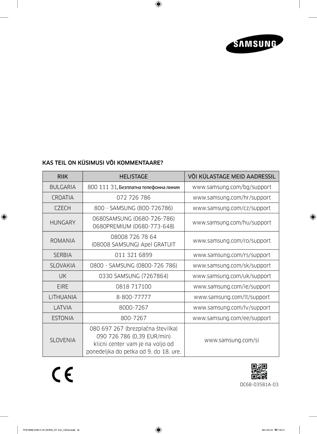 Samsung WF80F5E0N2W/LE, WW70J3283KW1LE, WW80J6410CW/LE, WW80J6410CW/AH, WF60F4E0N2W/LE, WW80J3283KW/LE manual Romania, Latvia 