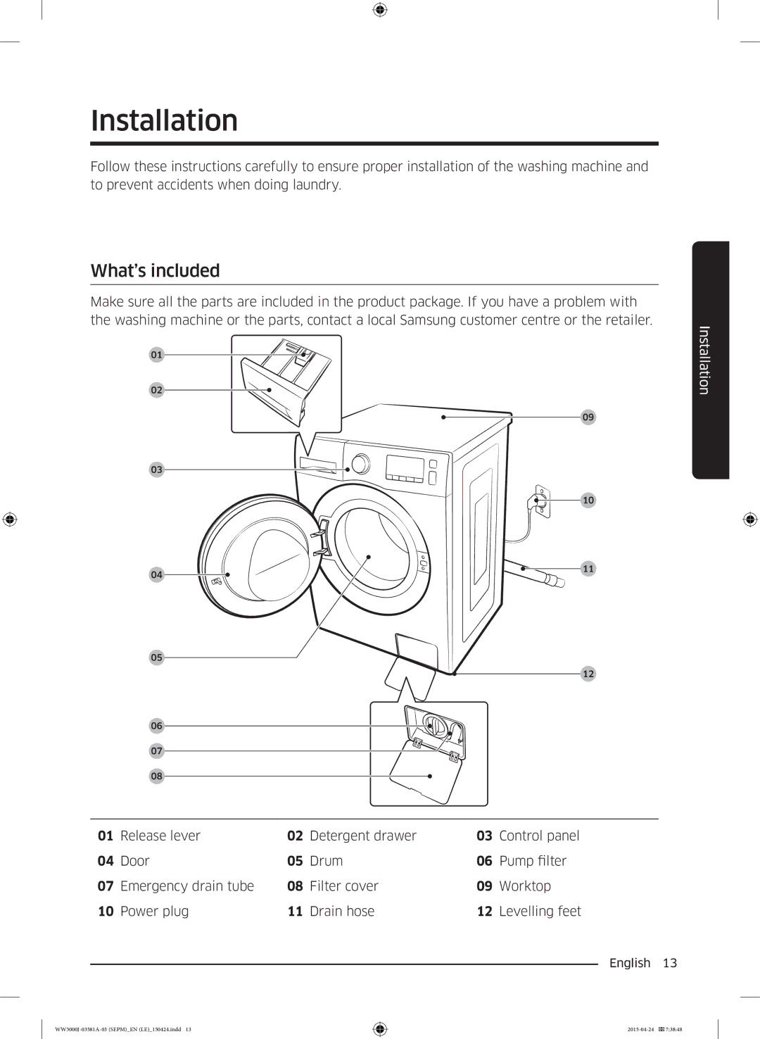 Samsung WF60F4E0N0W/LE, WW70J3283KW1LE, WW80J6410CW/LE, WW80J6410CW/AH, WF60F4E0N2W/LE manual Installation, What’s included 