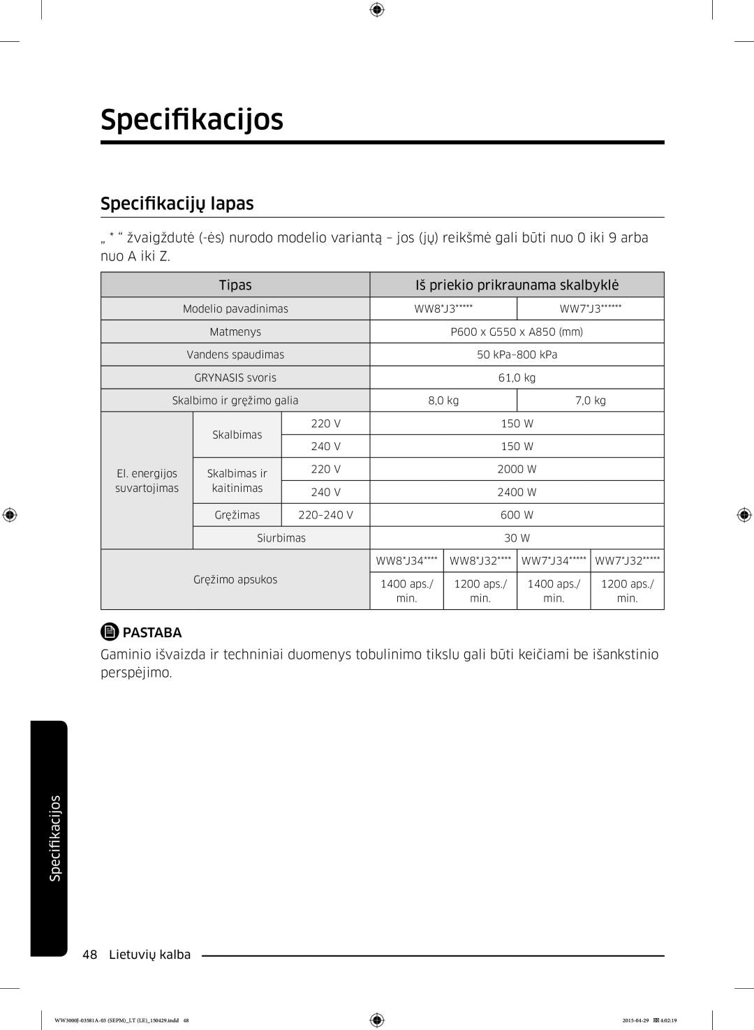 Samsung WW70J3283KW1LE, WW80J6410CW/LE, WW80J6410CW/AH, WF60F4E0N2W/LE, WW80J3283KW/LE manual Specifikacijų lapas, Pastaba 