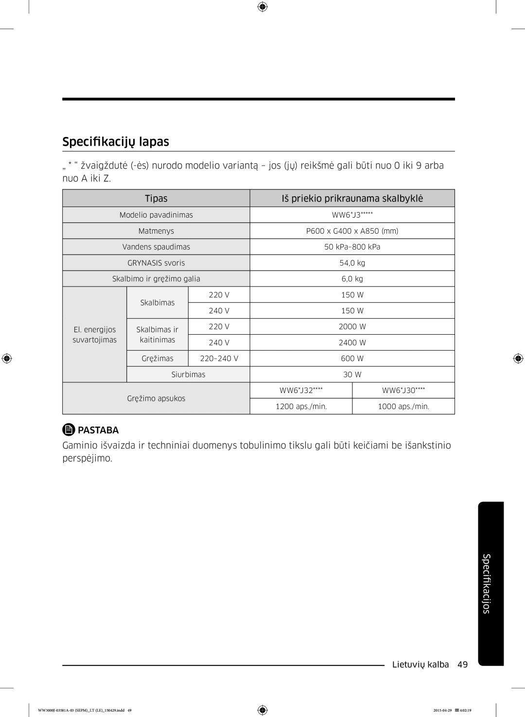 Samsung WW80J6410CW/LE, WW70J3283KW1LE, WW80J6410CW/AH manual Matmenys P600 x G400 x A850 mm Vandens spaudimas KPa-800 kPa 