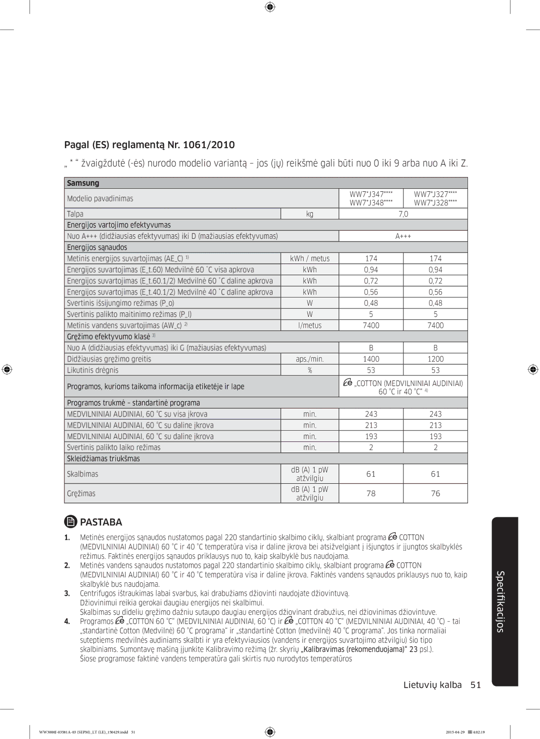 Samsung WF60F4E0N2W/LE, WW70J3283KW1LE, WW80J6410CW/LE manual Energijos suvartojimas Et.60 Medvilnė 60 ˚C visa apkrova 