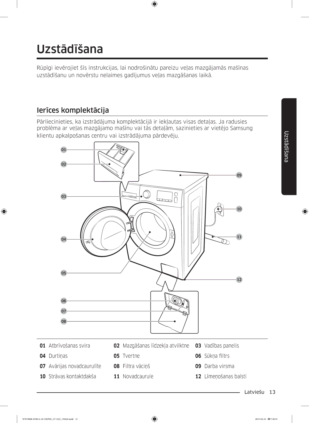 Samsung WW80J6410CW/LE, WW70J3283KW1LE, WW80J6410CW/AH, WF60F4E0N2W/LE, WW80J3283KW/LE Uzstādīšana, Ierīces komplektācija 