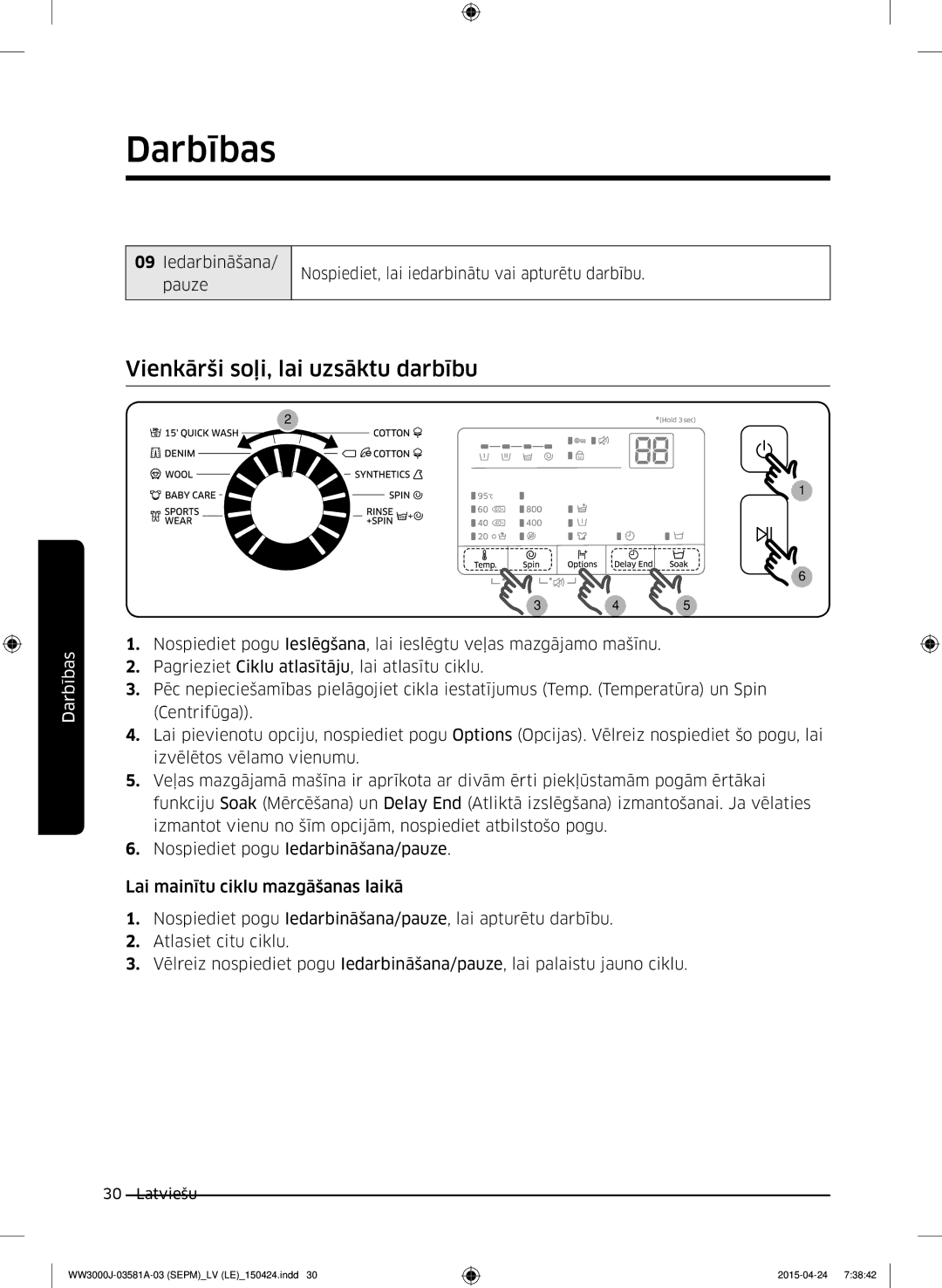 Samsung WW60J3080LW1LE, WW70J3283KW1LE, WW80J6410CW/LE, WW80J6410CW/AH, WF60F4E0N2W/LE Vienkārši soļi, lai uzsāktu darbību 