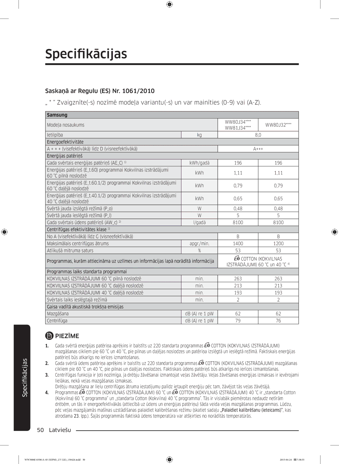 Samsung WW60J3080LW1LE, WW70J3283KW1LE, WW80J6410CW/LE, WW80J6410CW/AH, WF60F4E0N2W/LE, WW80J3283KW/LE manual Cotton Kokvilnas 