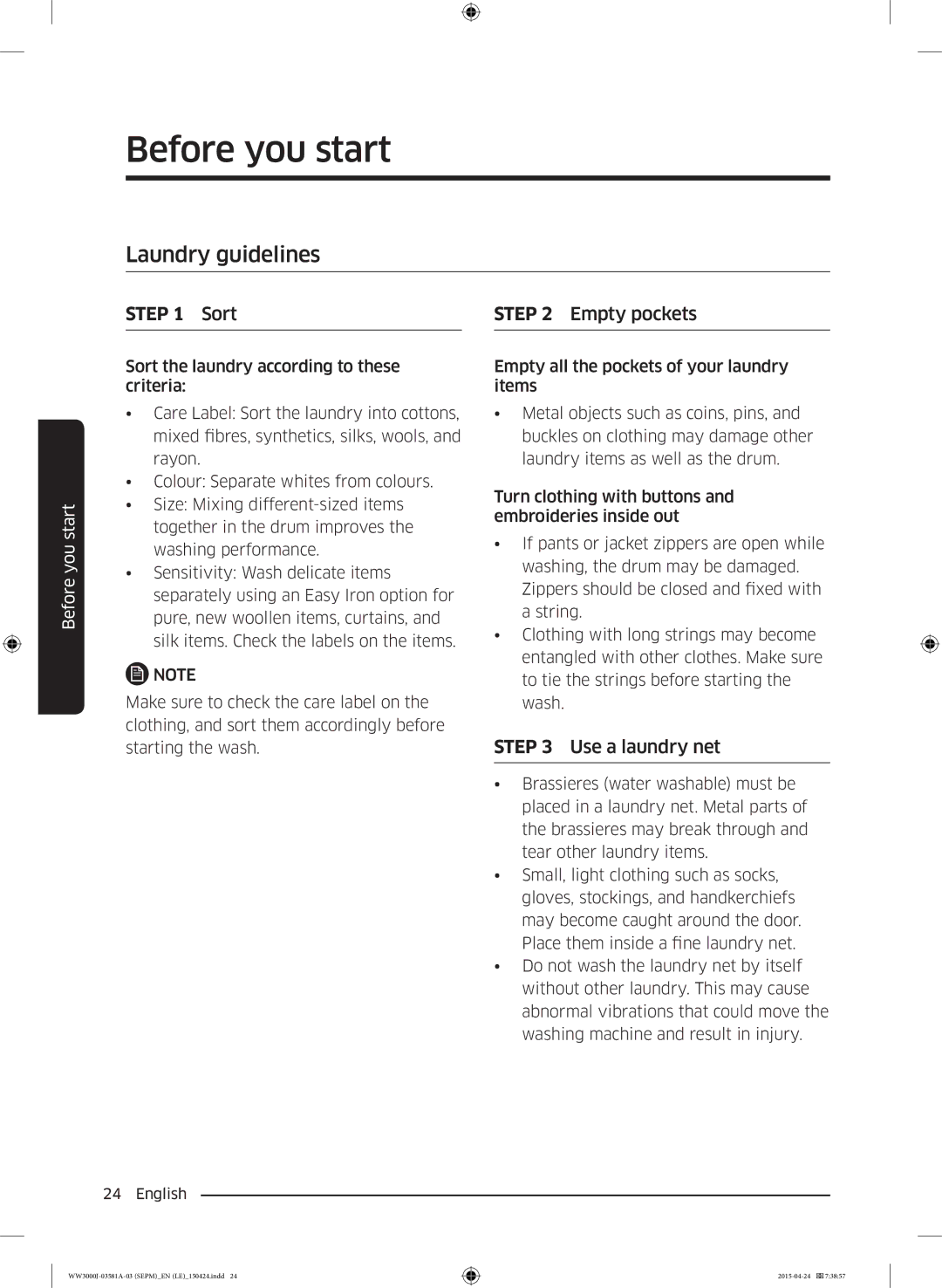 Samsung WW80J3283KW/LE, WW70J3283KW1LE, WW80J6410CW/LE, WW80J6410CW/AH Laundry guidelines, Empty pockets, Use a laundry net 