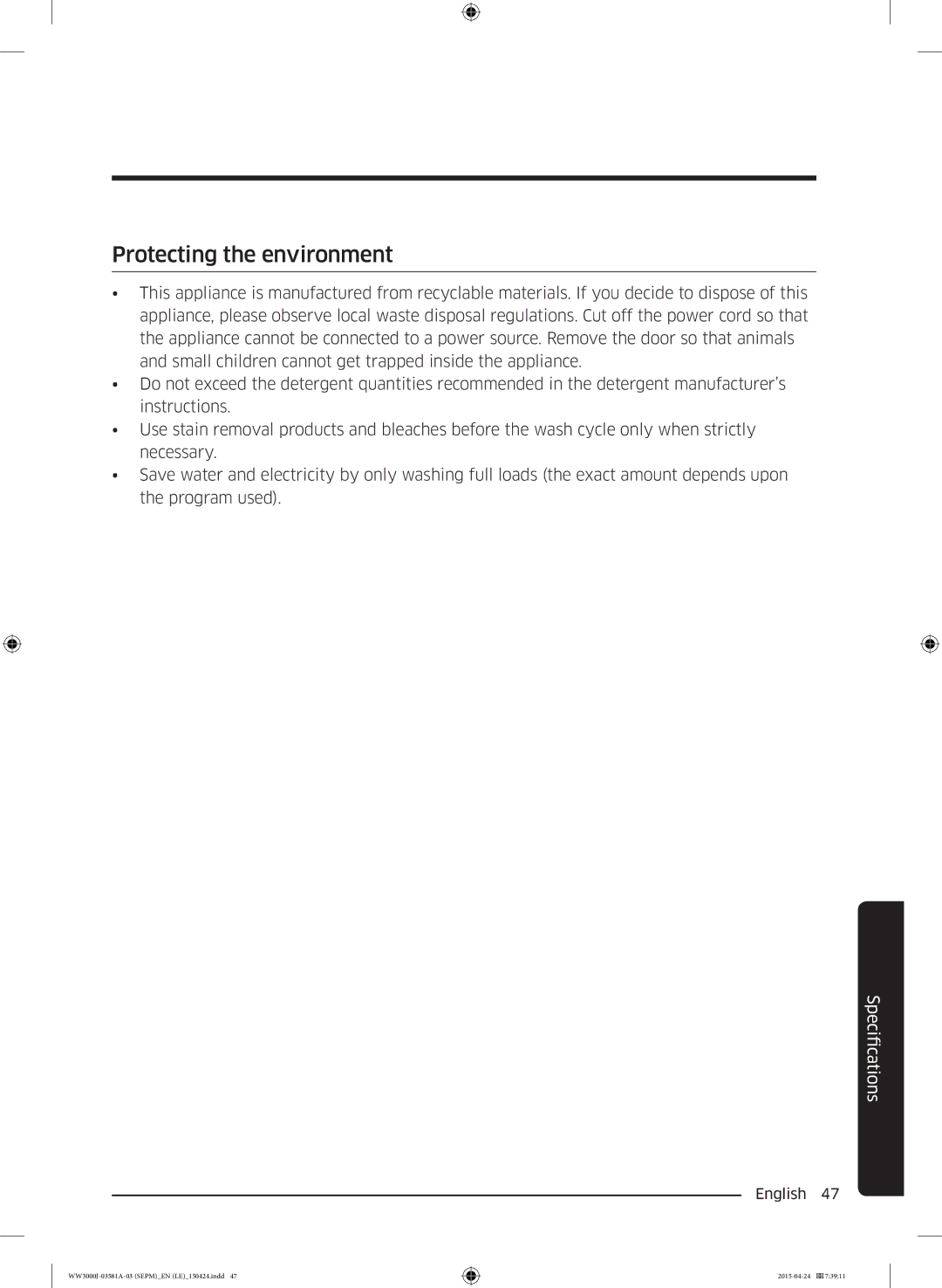 Samsung WW80J3483KW/EF, WW70J3283KW1LE, WW80J6410CW/LE, WW80J6410CW/AH, WF60F4E0N2W/LE manual Protecting the environment 