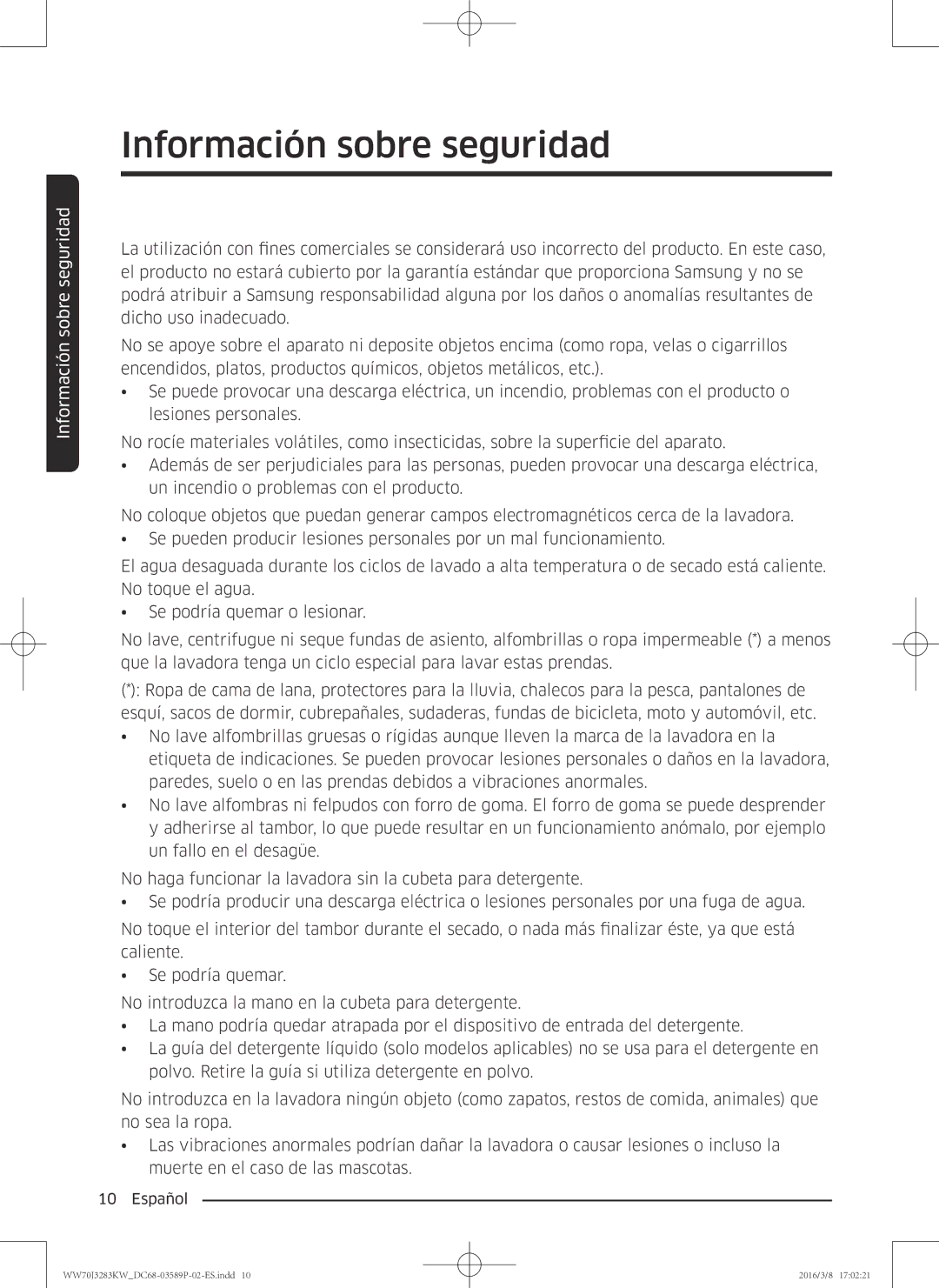 Samsung WW70J3283KW/EC manual Información sobre seguridad 