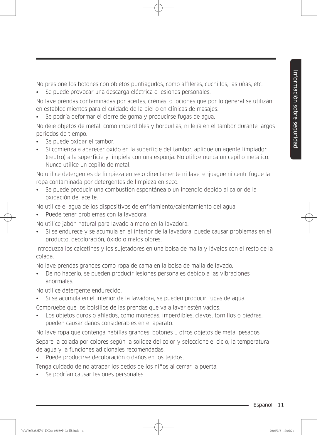 Samsung WW70J3283KW/EC manual Información sobre seguridad 