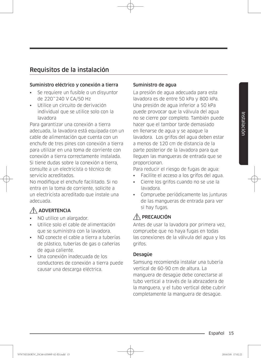 Samsung WW70J3283KW/EC manual Requisitos de la instalación 