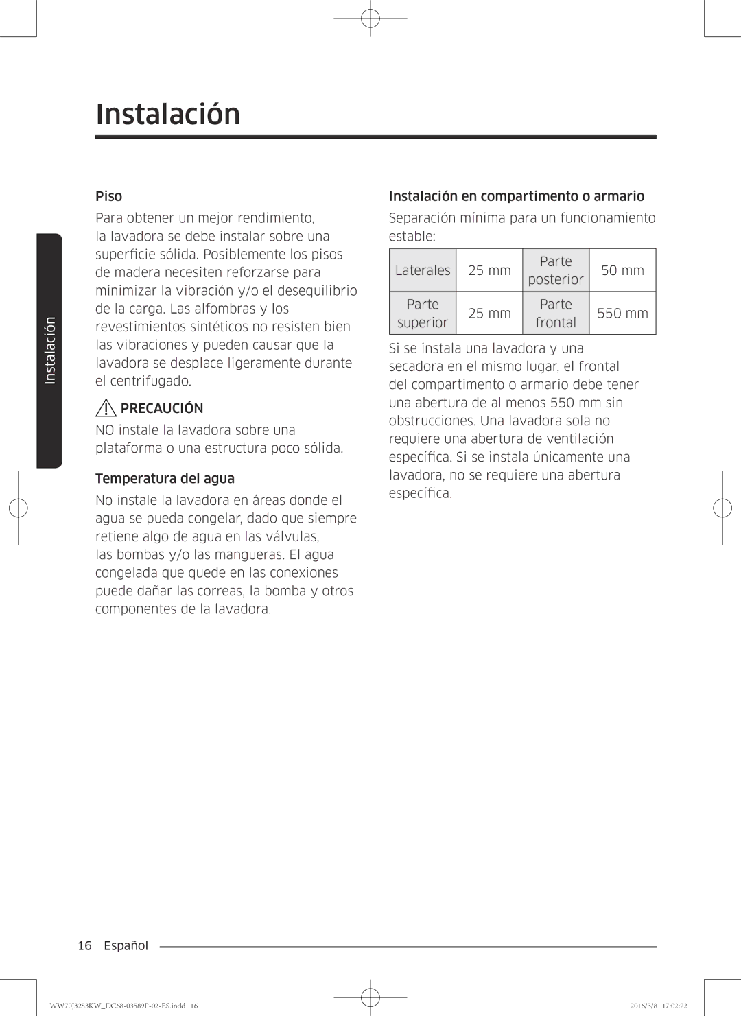 Samsung WW70J3283KW/EC manual Instalación 