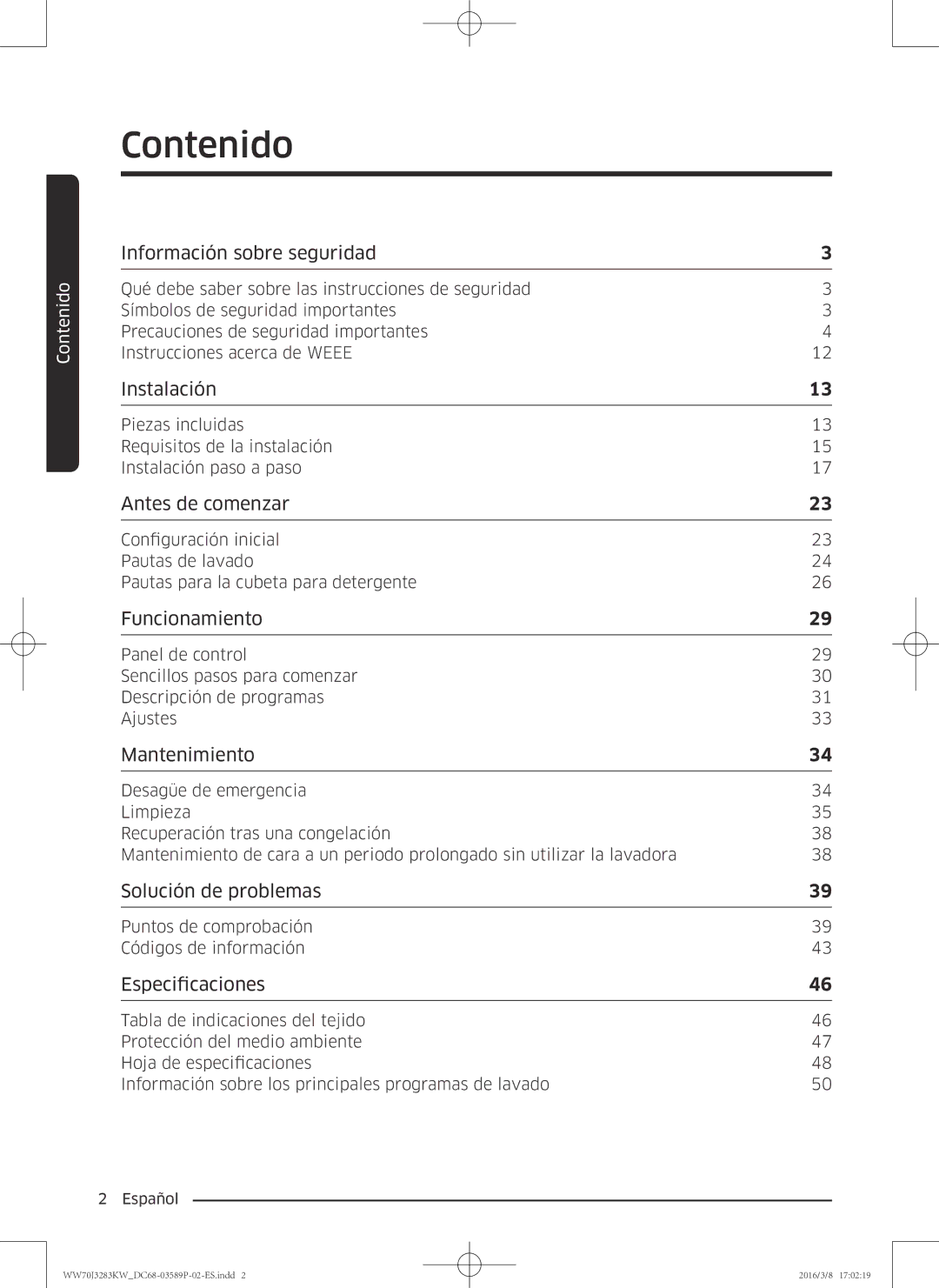 Samsung WW70J3283KW/EC manual Contenido, Información sobre seguridad 