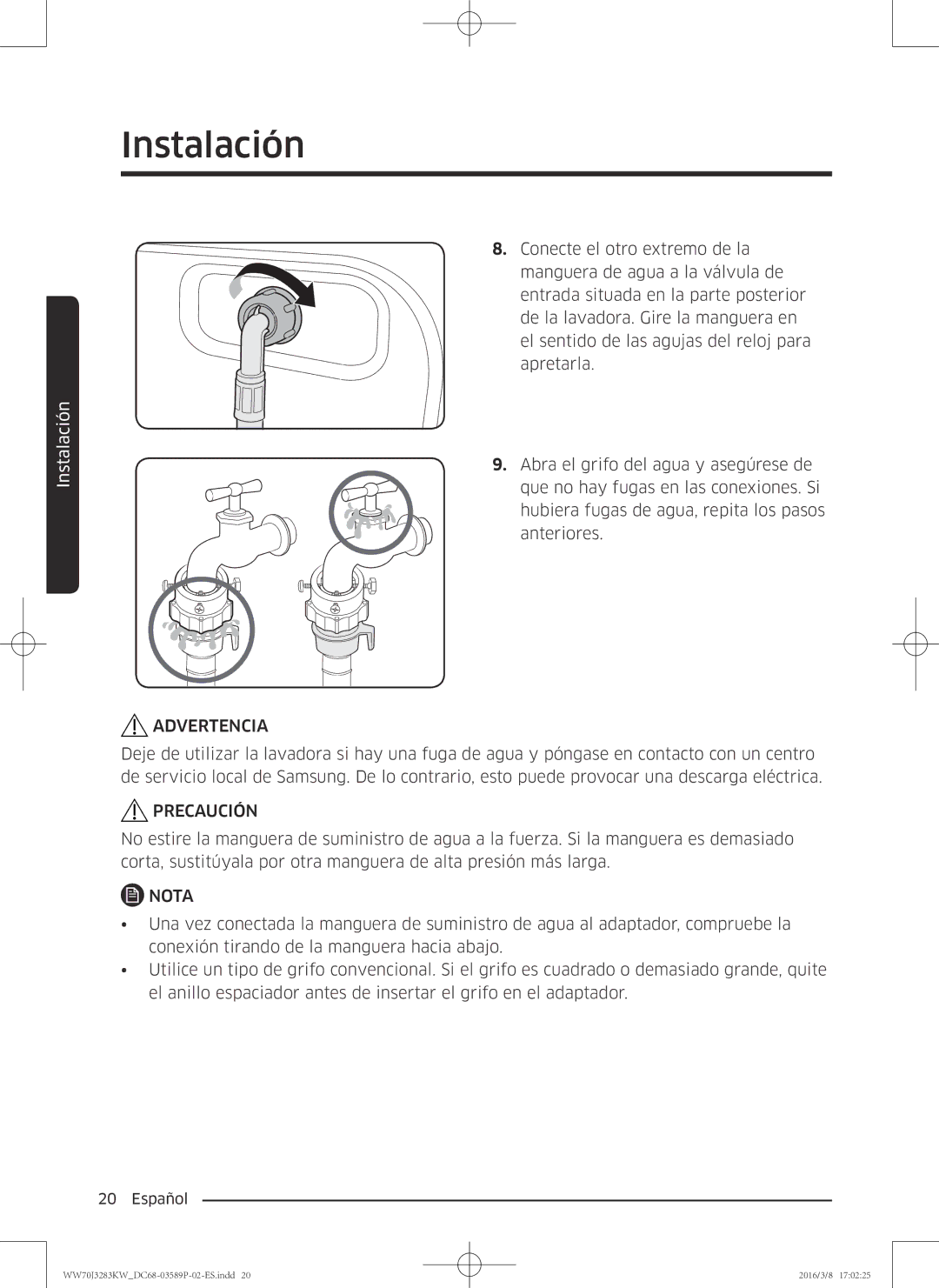 Samsung WW70J3283KW/EC manual Advertencia 