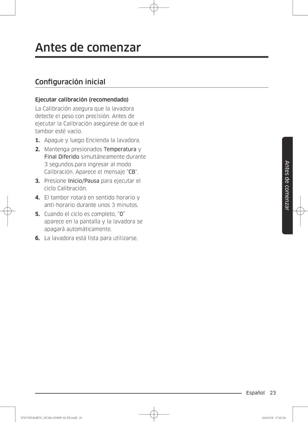 Samsung WW70J3283KW/EC manual Antes de comenzar, Configuración inicial 