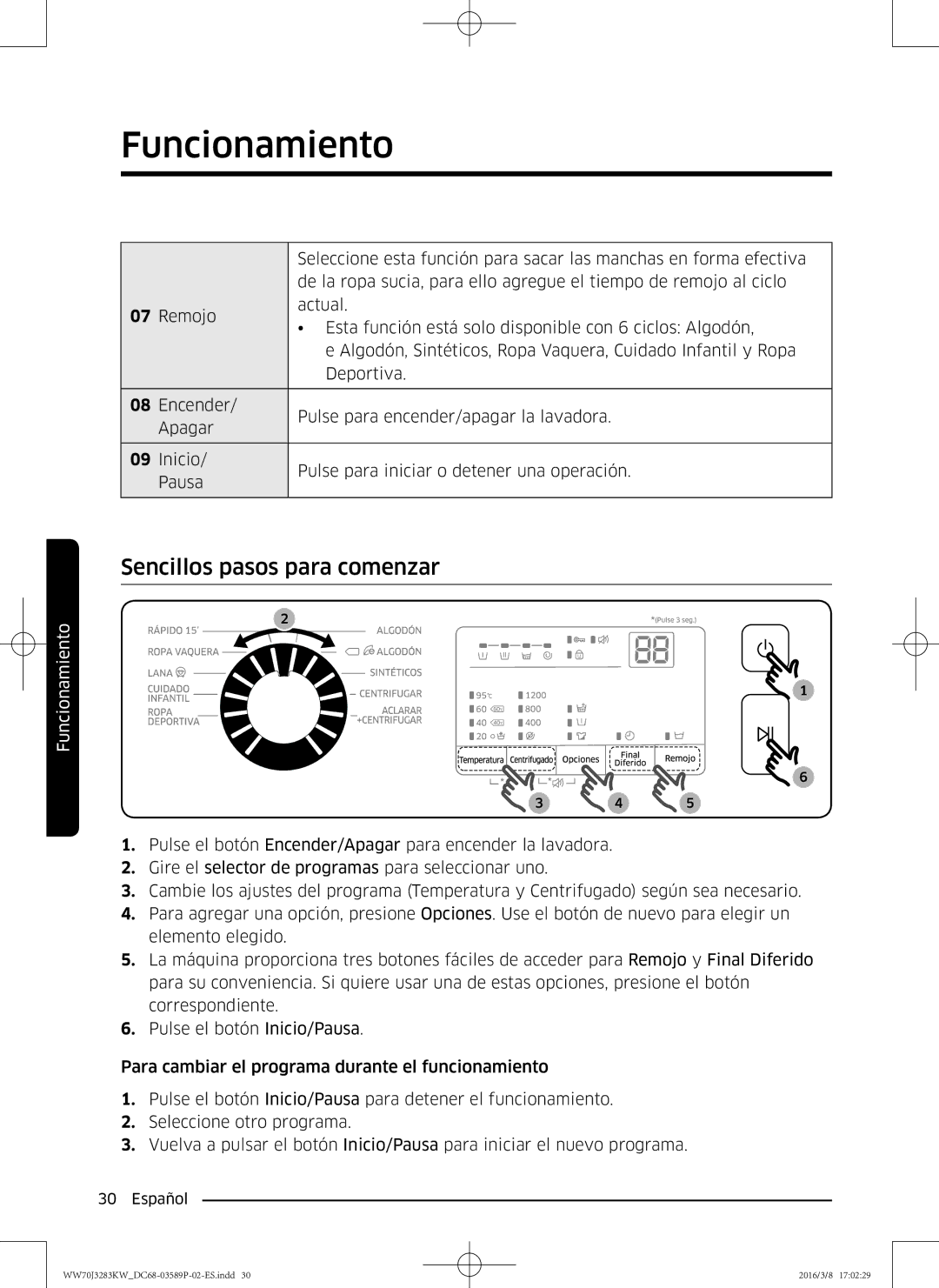 Samsung WW70J3283KW/EC manual Sencillos pasos para comenzar 