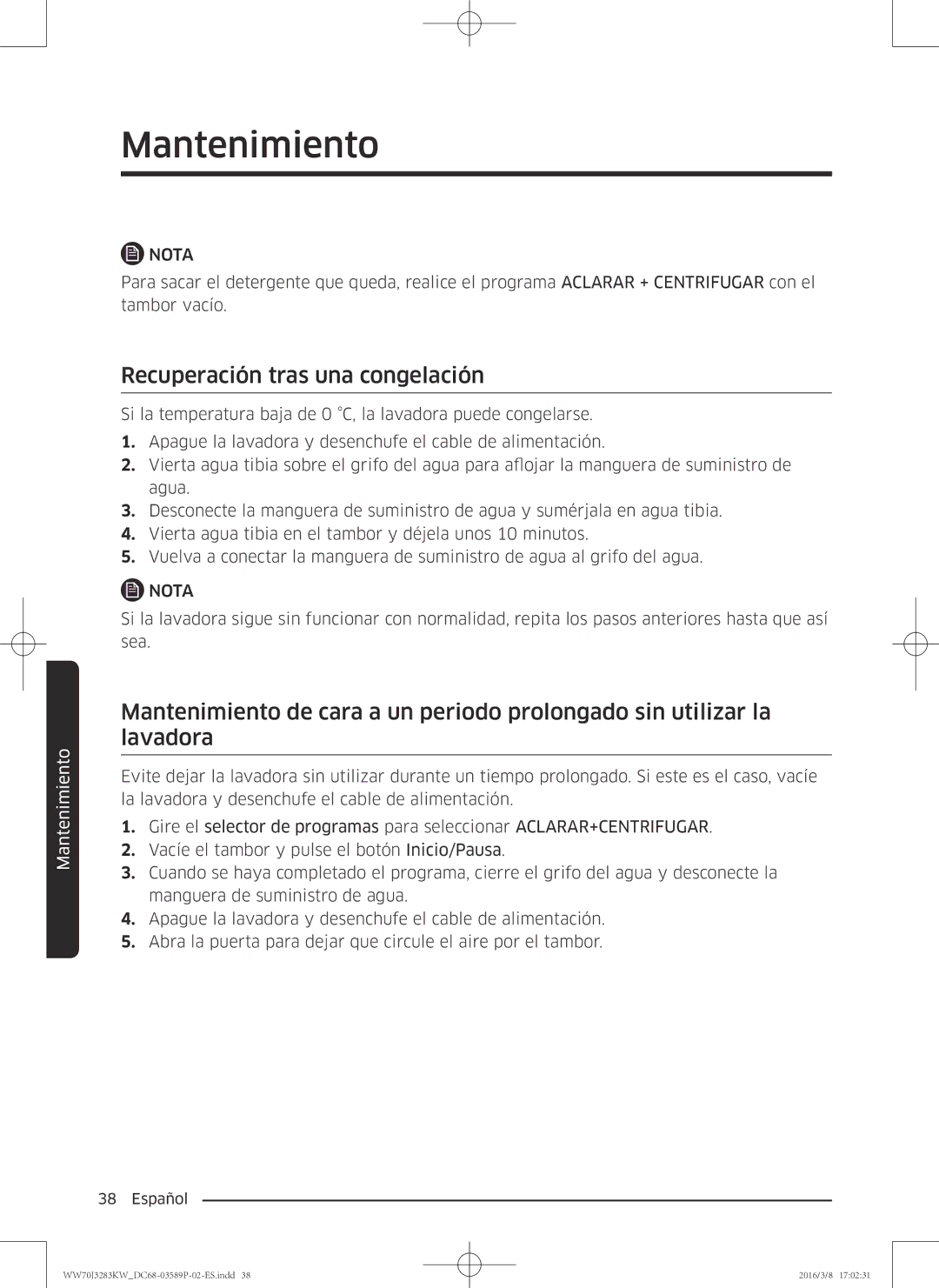 Samsung WW70J3283KW/EC manual Recuperación tras una congelación 