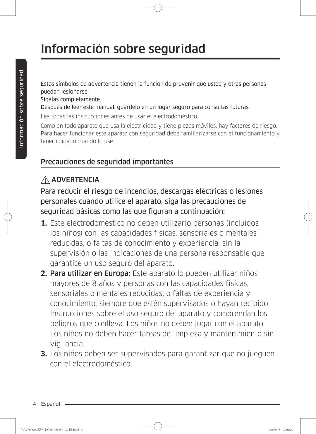 Samsung WW70J3283KW/EC manual Precauciones de seguridad importantes, Advertencia 