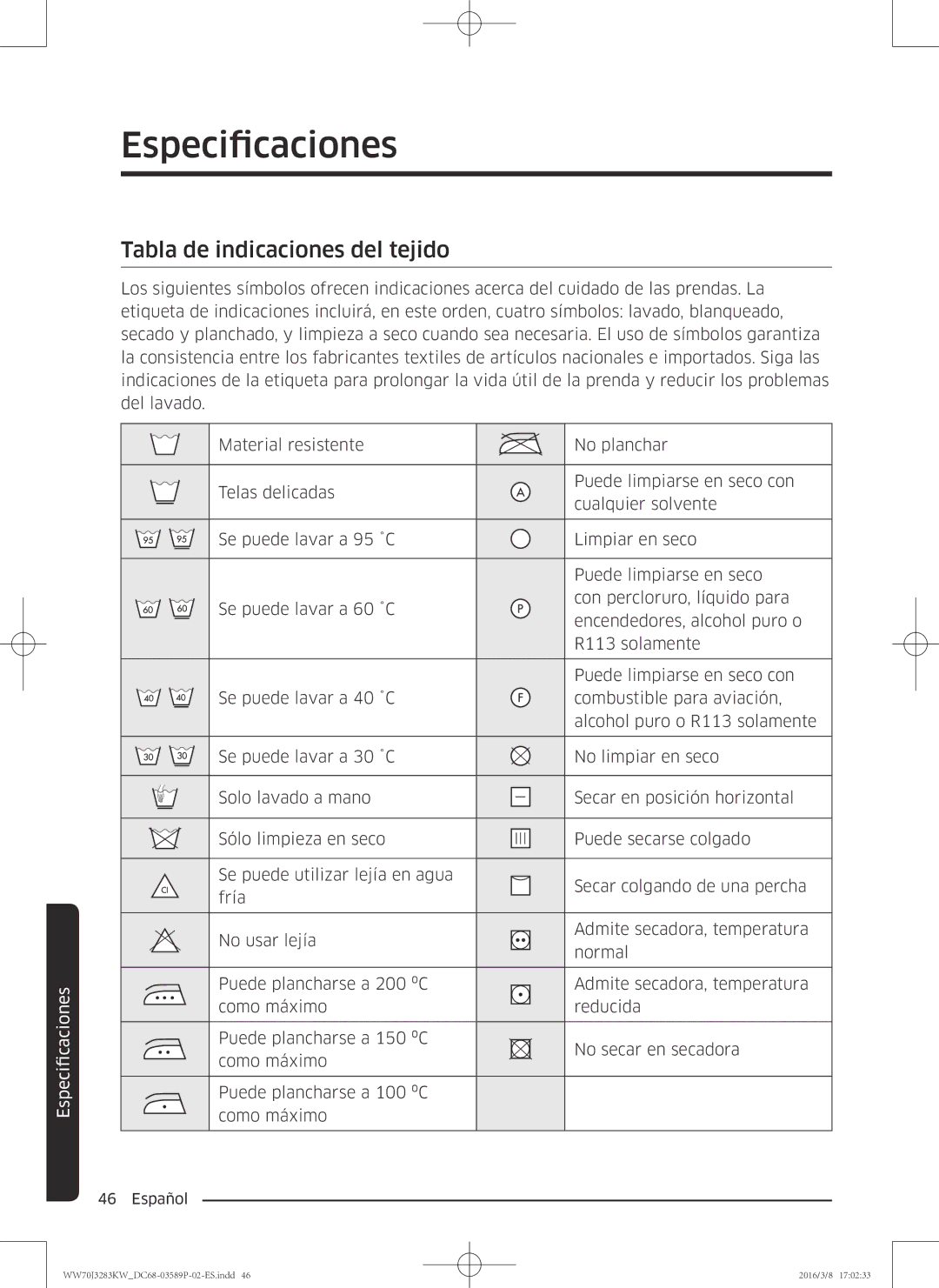 Samsung WW70J3283KW/EC manual Especificaciones, Tabla de indicaciones del tejido 