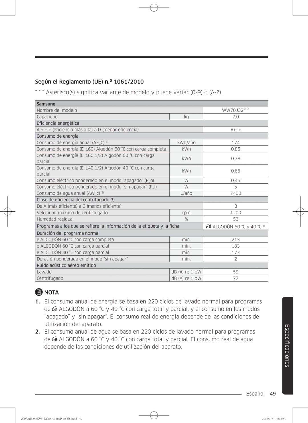 Samsung WW70J3283KW/EC manual Samsung 