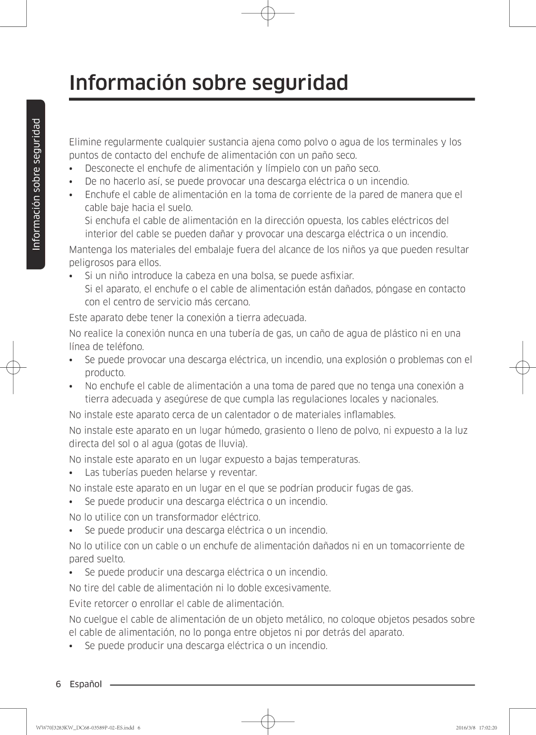 Samsung WW70J3283KW/EC manual Información sobre seguridad 