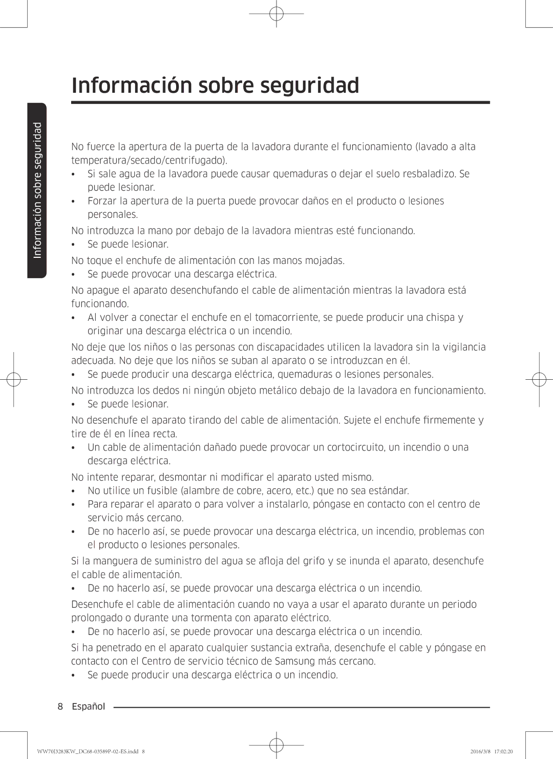 Samsung WW70J3283KW/EC manual Información sobre seguridad 