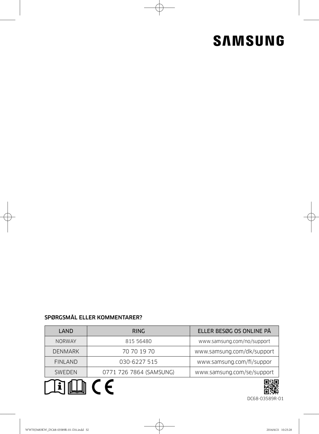 Samsung WW70J3283KW/EE manual Denmark 