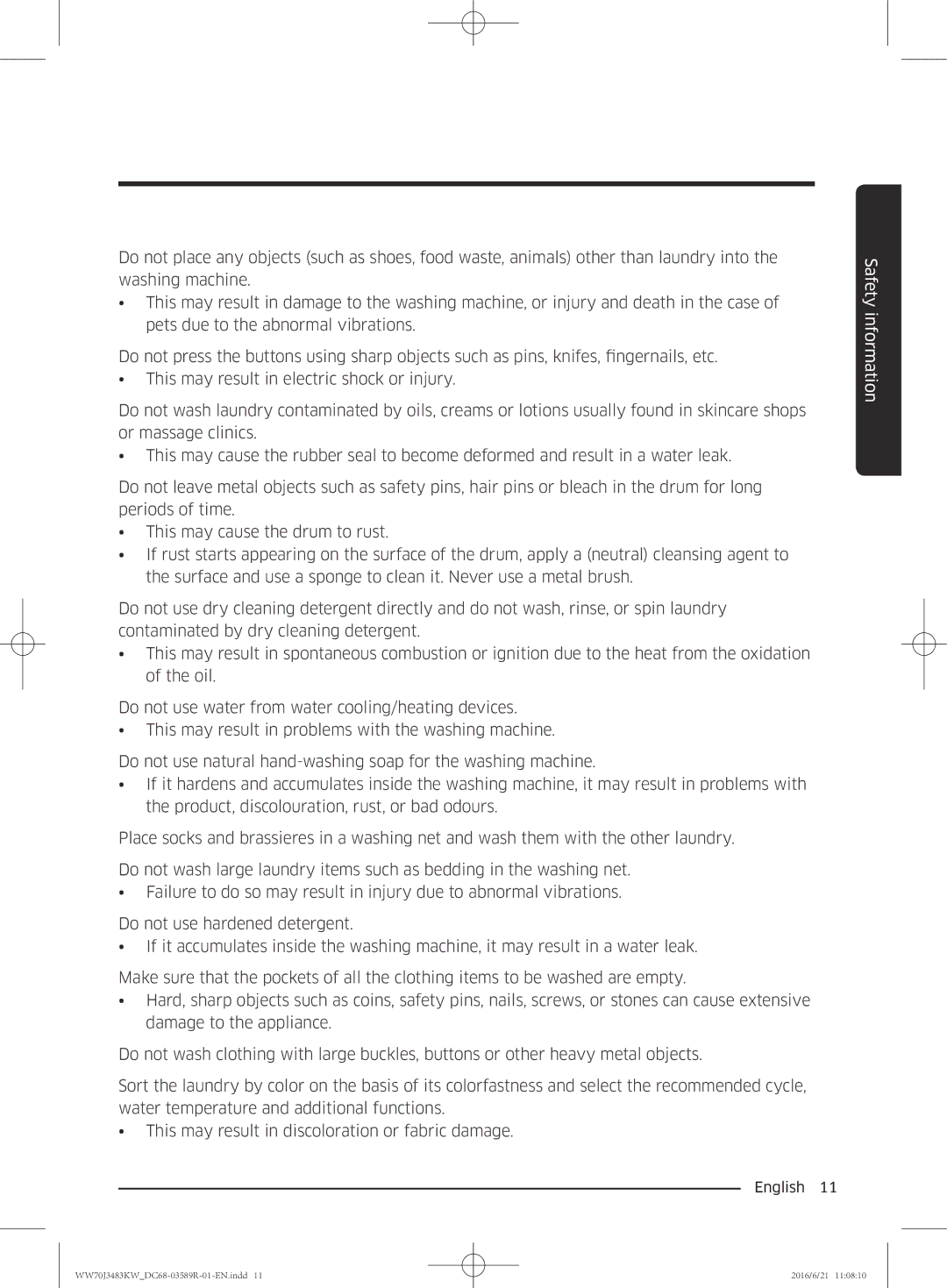 Samsung WW70J3283KW/EE manual Safety information 