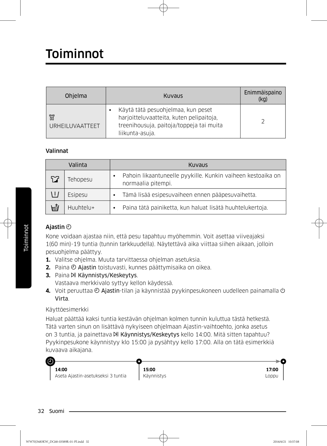 Samsung WW70J3283KW/EE manual Urheiluvaatteet 