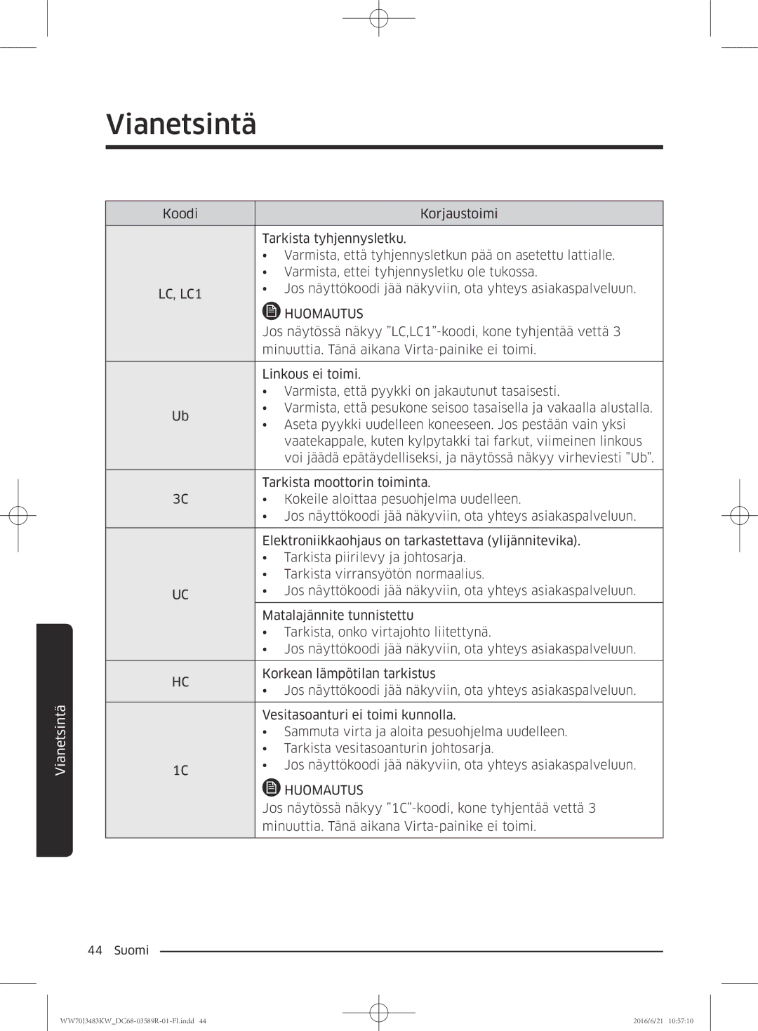 Samsung WW70J3283KW/EE manual Jos näytössä näkyy LC,LC1-koodi, kone tyhjentää vettä 