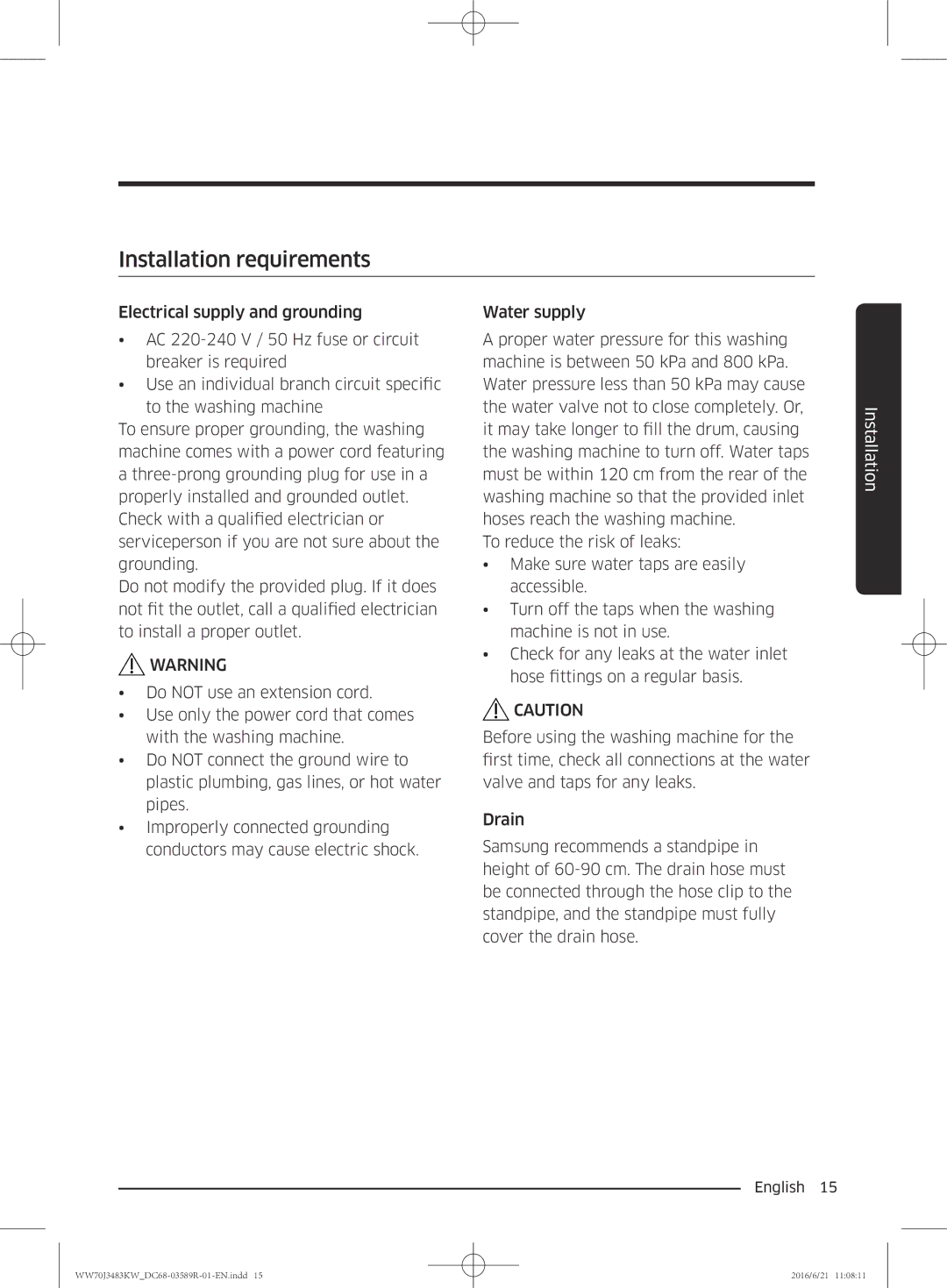 Samsung WW70J3283KW/EE manual Installation requirements 