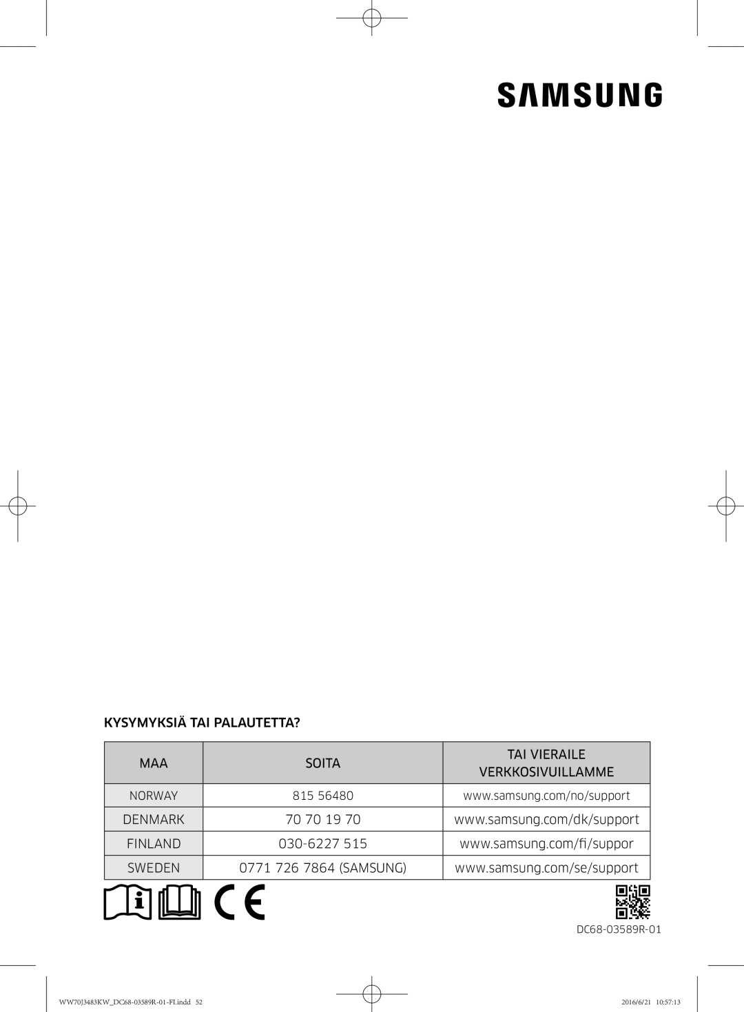 Samsung WW70J3283KW/EE manual Denmark 